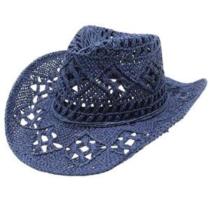 Blue Straw Cowboy Hat Rolled Brim One Size Western Cowgirl Beach